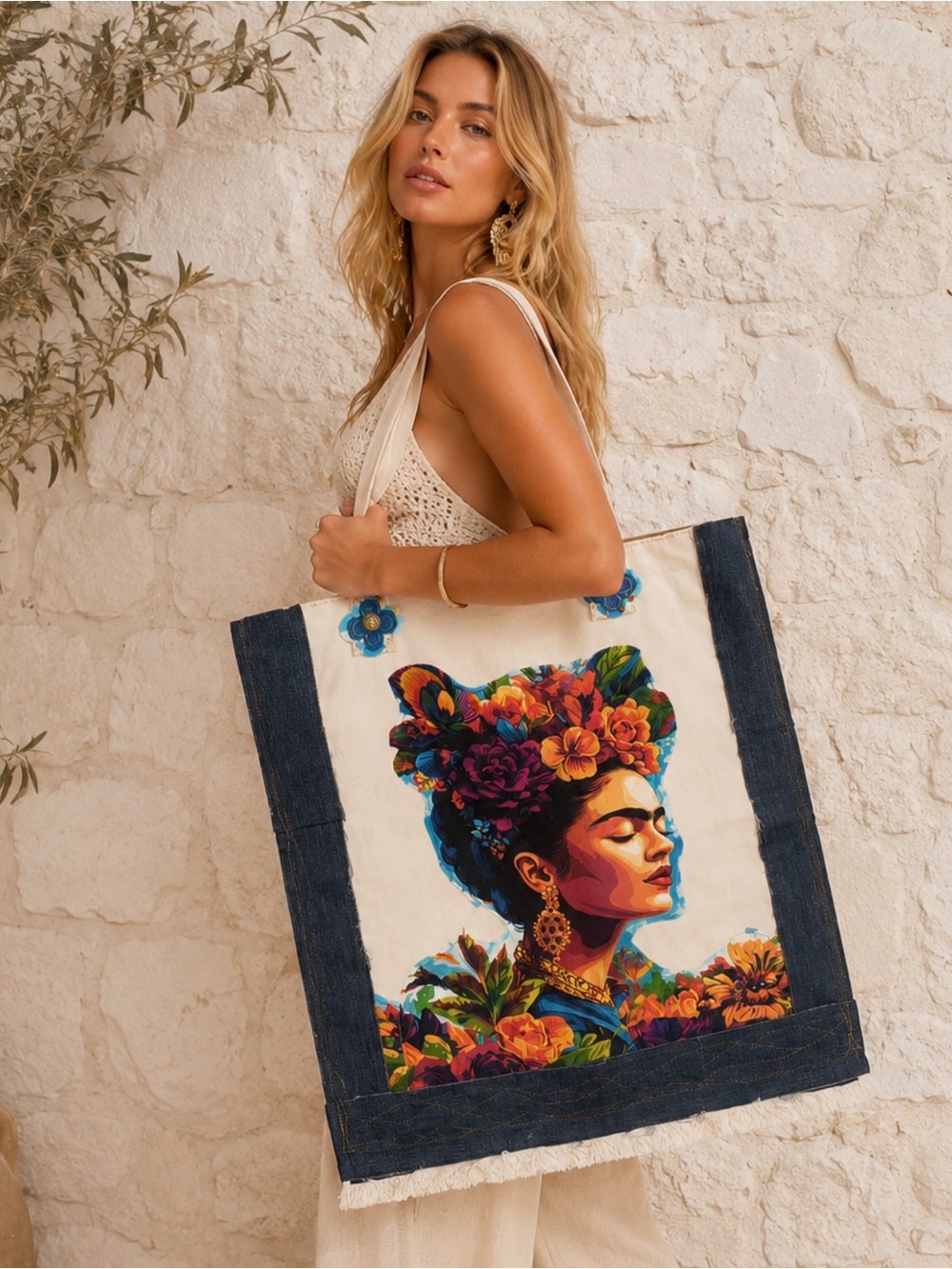 Handmade Frida Kahlo Oversized Tote Cotton Canvas Upcycled Denim Bag OOAK